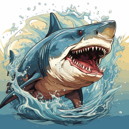 Téléchargez les illustrations : Grand requin blanc à bouche ouverte nageant dans l'océan avec éclaboussure d'eau. - en licence libre de droit