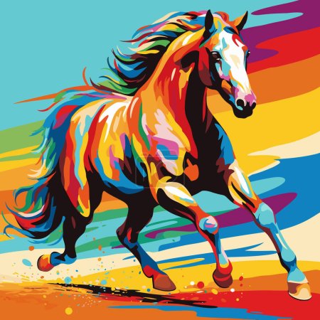 Painting of horse running on colorful field with blue sky in the background.