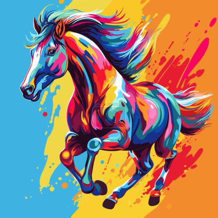 Buntes Pferd läuft auf blauem und gelbem Hintergrund mit Farbspritzern.