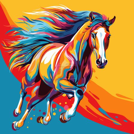 Painting of running horse on yellow and blue background with red, orange, and yellow colors.