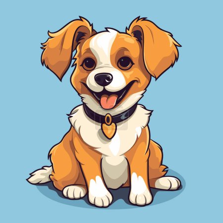 Illustration for Small brown and white dog sitting on top of blue floor next to blue wall. - Royalty Free Image