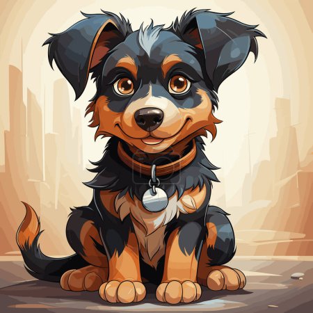 Illustration for Cartoon dog sitting on the ground with tag in its mouth and chain around its neck. - Royalty Free Image
