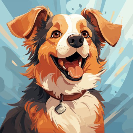 Illustration for Brown and white dog with tag on it's collar smiling. - Royalty Free Image
