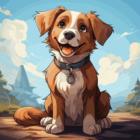 Illustration for Brown and white dog sitting on top of dirt field next to forest. - Royalty Free Image