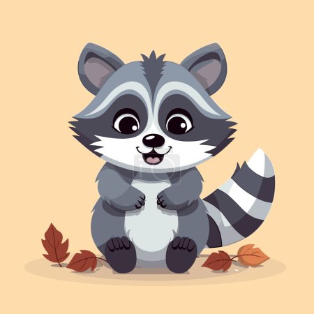 Cartoon raccoon sitting on the ground with leaves around it's legs.