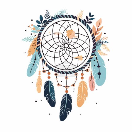 Illustration for Drawing of dream catcher with feathers and feathers around it, on white background. - Royalty Free Image