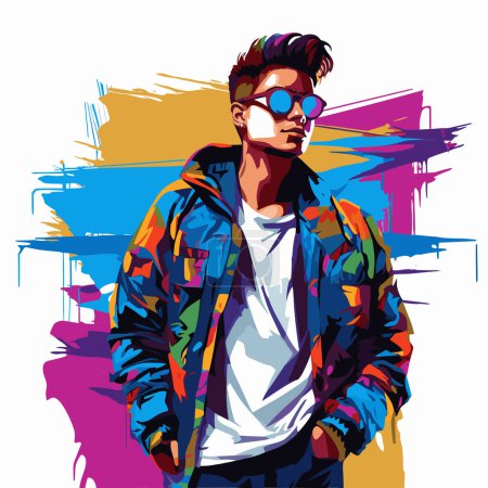Painting of man wearing sunglasses and jacket with colorful paint splatters.