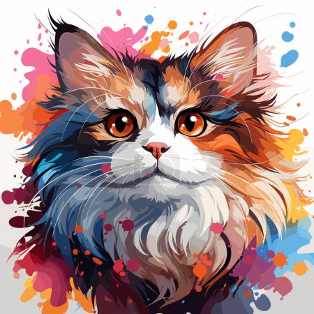 Illustration for Close up of cat's face with colorful paint splatters. - Royalty Free Image