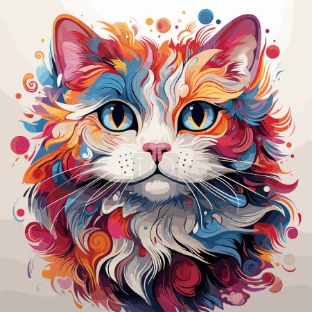 Colorful cat's face with blue eyes and multicolored hair.