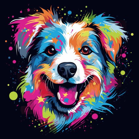 Illustration for Colorful dog's face on black background with splash of paint. - Royalty Free Image