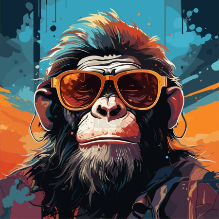 Téléchargez les illustrations : Peinture de singe avec des lunettes de soleil sur sa tête et sa chemise sur. - en licence libre de droit