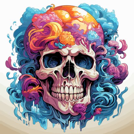 Ilustración de Cráneo con pelo colorido y flores en la cabeza, en medio de un. - Imagen libre de derechos