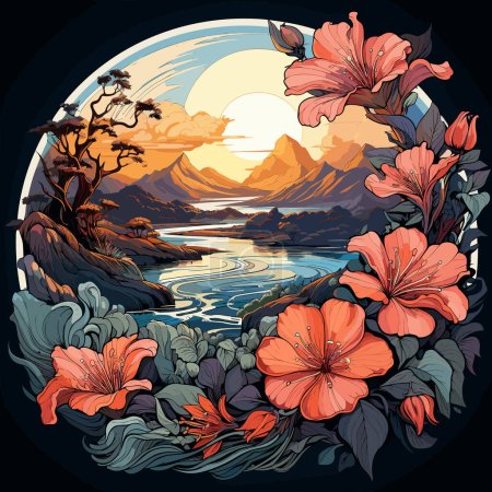Pintura de flores en círculo con lago y montañas en el fondo.