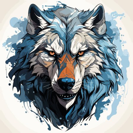 Wolf's head with blue and orange paint splattered on it.
