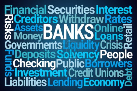 Photo for Banks Word Cloud on Blue Background - Royalty Free Image