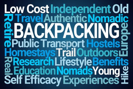 Photo for Backpacking Word Cloud on Blue Background - Royalty Free Image