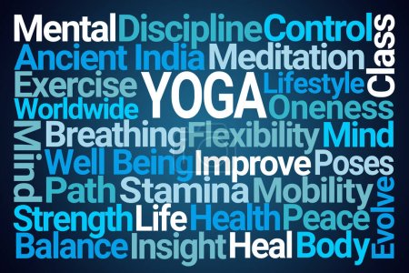 Téléchargez les photos : Yoga Word Cloud sur fond bleu - en image libre de droit