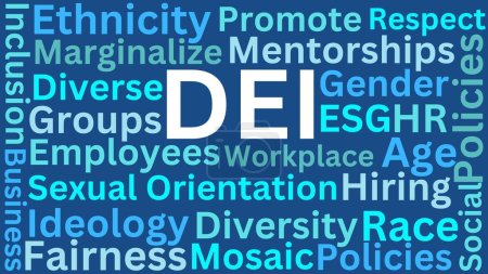 DEI (Diversity, Equity and Inclusion) Word Cloud auf blauem Hintergrund