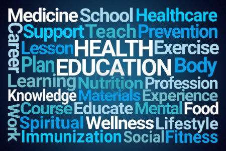 Health Education Word Cloud on Blue Background