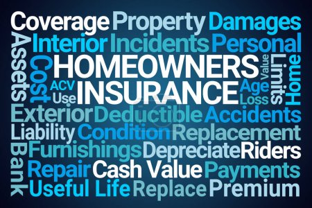 Homeowners Insurance Word Cloud on Blue Background