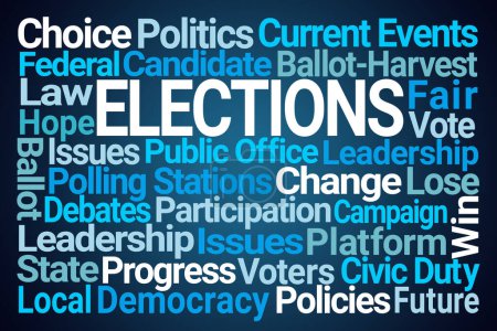 Téléchargez les photos : Elections Word Cloud sur fond bleu - en image libre de droit
