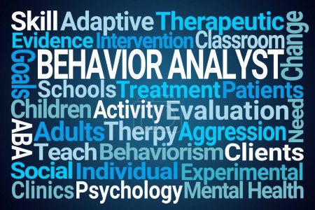 Téléchargez les photos : Analyste comportemental Word Cloud sur fond bleu - en image libre de droit