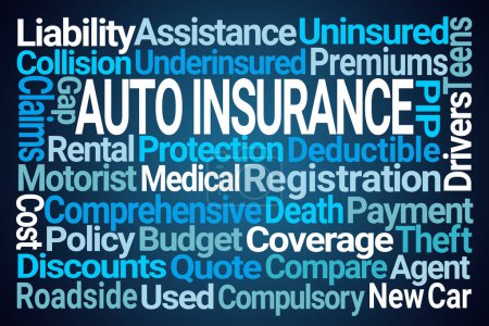 Auto Insurance Word Cloud on Blue Background