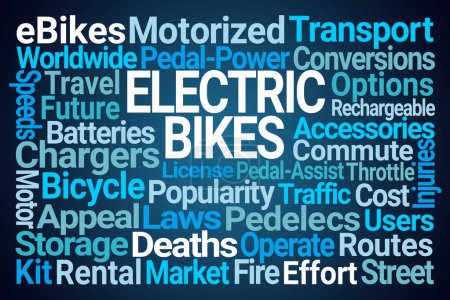 Téléchargez les photos : Vélos électriques Word Cloud sur fond bleu - en image libre de droit
