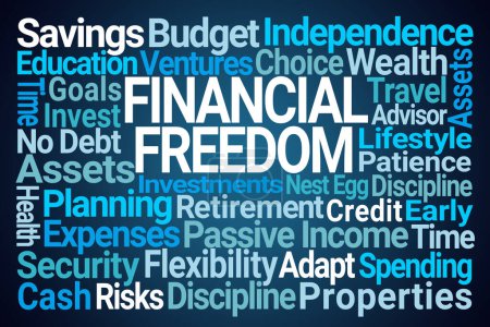 Financial Freedom Word Cloud on Blue Background