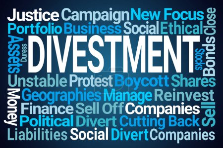 Desinvestition Word Cloud auf blauem Hintergrund