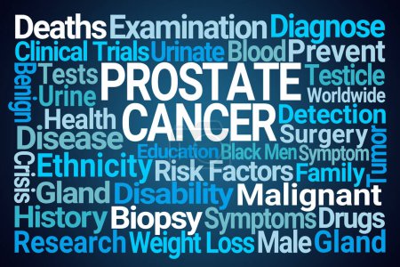 Nube de palabra de cáncer de próstata sobre fondo azul
