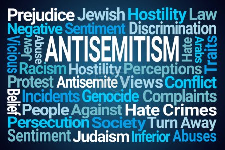 Antisemitismus-Wortwolke auf blauem Hintergrund