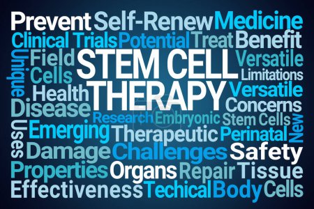 Wortwolke der Stammzellentherapie auf blauem Hintergrund