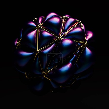 Téléchargez les photos : Cage conceptuelle en or rendu 3D avec forme de ballon brillant multicolore s'étendant sur fond noir. - en image libre de droit