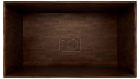 Téléchargez les photos : Illustration 3D de la boîte en bois sombre avec ouverture frontale et isolé avec chemin de coupe. - en image libre de droit
