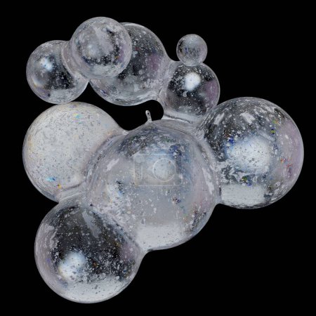 Téléchargez les photos : Illustration 3D isolée d'un amas abstrait de sphères de glace gelées sur fond noir avec chemin de coupe. - en image libre de droit