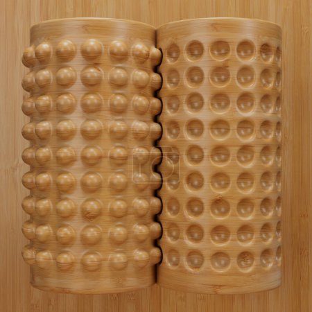Téléchargez les photos : Conceptuel close-up paire abstraite de. cylindres en bois illustrés en 3D avec fossettes positives et négatives en rangée sur un fond en bois. - en image libre de droit