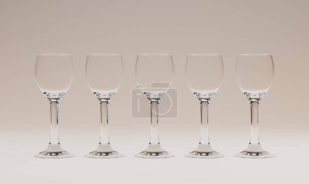 Téléchargez les photos : Illusion 3D d'un ensemble de 5 verres à vin emply sur fond blanc. - en image libre de droit