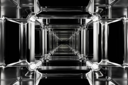 Téléchargez les photos : Illustration 3D texturée en verre d'un tunnel abstrait dans une grille. - en image libre de droit