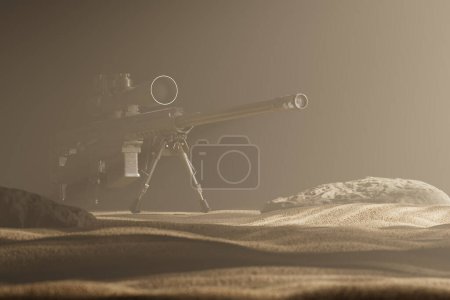 Téléchargez les photos : Hazy lunatique illustration 3D scène du désert avec fusil de sniper militaire sur le sable entre les rochers. - en image libre de droit