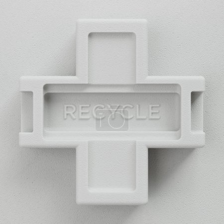 Téléchargez les photos : Panneau "RECYCLE" illustré en 3D en forme de croix fond de boîte en polystyrène. - en image libre de droit