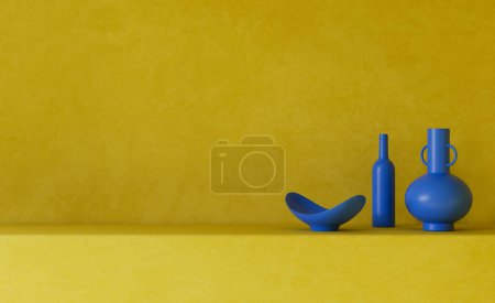 Téléchargez les photos : Illustration 3D de la nature morte bol bleu, bouteille et vase sur étagère. - en image libre de droit