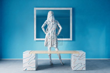 Foto de Estilizado concepto 3D renderizado de maniquí femenino mirando al espejo grande en una habitación grande. - Imagen libre de derechos