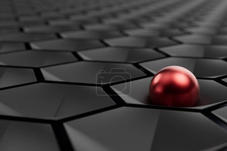 Téléchargez les photos : Debout 3D Illustré sphère rouge assis dans fond carrelage hexagonal noir. - en image libre de droit