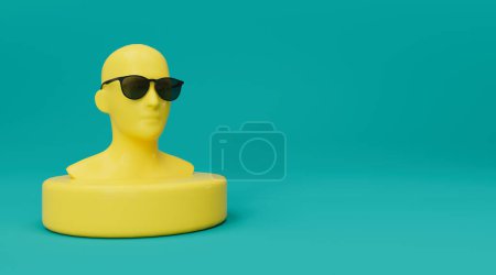Téléchargez les photos : Tête de mannequin homme en jaune avec verres ronds noirs. Illustration de rendu 3D. - en image libre de droit