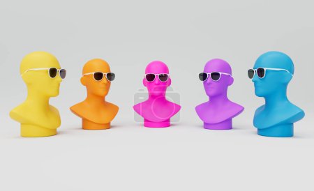 Photo for Abstract mannequins wearing sunglasses in colorful semi circle arrangement with sunglasses. 3d render illustration. - Royalty Free Image