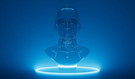 Téléchargez les photos : Buste conceptuel futuriste en verre 3D portant des lunettes de soleil avec éclairage ambiant brumeux. - en image libre de droit