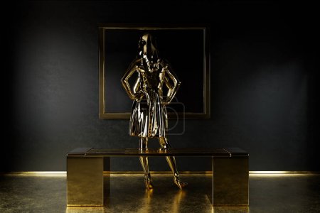 Téléchargez les photos : Concept rendu 3D stylisé de mannequin féminin en or regardant dans un grand miroir dans une grande pièce. - en image libre de droit