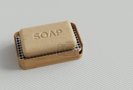 Téléchargez les photos : Barre de savon rendue 3D réaliste sur plat en bambou sur fond texturé blanc. - en image libre de droit