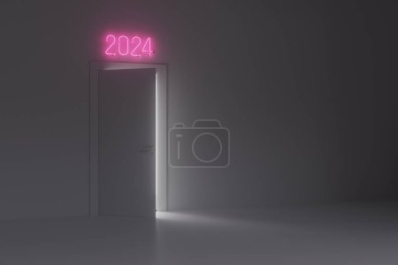 Téléchargez les photos : Conteptural 3D néon lumineux 2024 signe sur la porte dans toute la salle blanche crue. - en image libre de droit